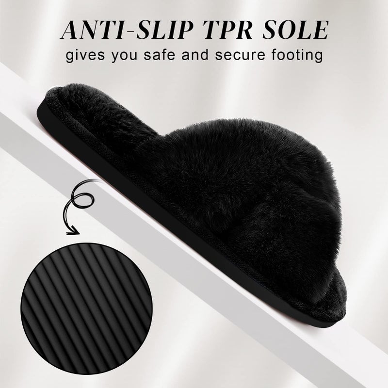 Parlovable Women's Cross Band Slippers Fuzzy Soft House Slippers Plush Furry Warm Cozy Open Toe Fluffy Home Shoes Comfy Indoor Outdoor Slip On Breathable Black 7-8 - Image 5